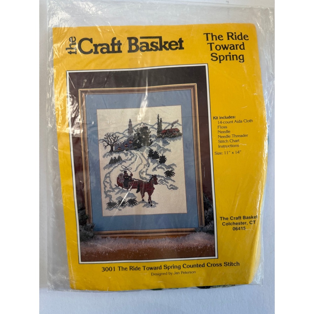 VTG The Craft Basket Cross Stitch Kit 11x14 Winter Scene Horses Church Snow